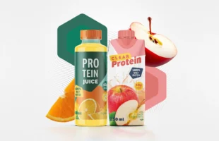 An image of protein juice drink solutions over different fruits.