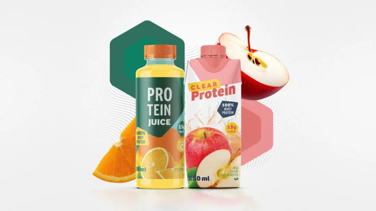 An image of protein juice drink solutions over different fruits.