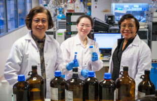 Three researchers posing as they discover a more sustainable antimicrobials to prevent infection of cow udders