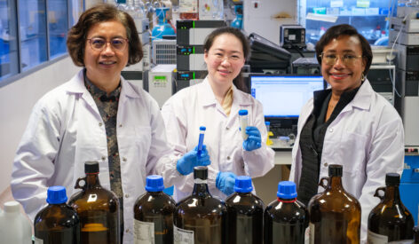Three researchers posing as they discover a more sustainable antimicrobials to prevent infection of cow udders