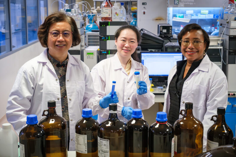 Three researchers posing as they discover a more sustainable antimicrobials to prevent infection of cow udders